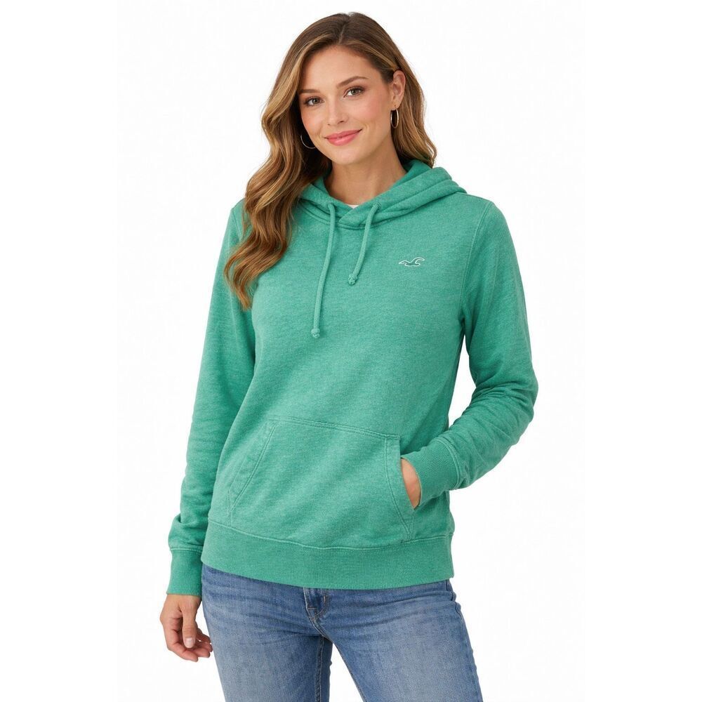 Hollister Green Logo Pullover Hoodie Kangaroo Pocket Drawstring Sweatshirt Small